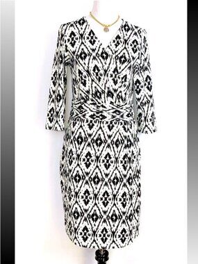 J. McLaughlin Faux Wrap Catalina Cloth White/Black 3/4 Sleeves Dress Sz M